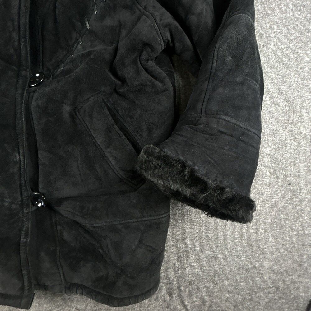 Gallery Genuine Suede Leather Coat Womens Sz M Black Faux Fur Lining & Trim Warm - Picture 5 of 12